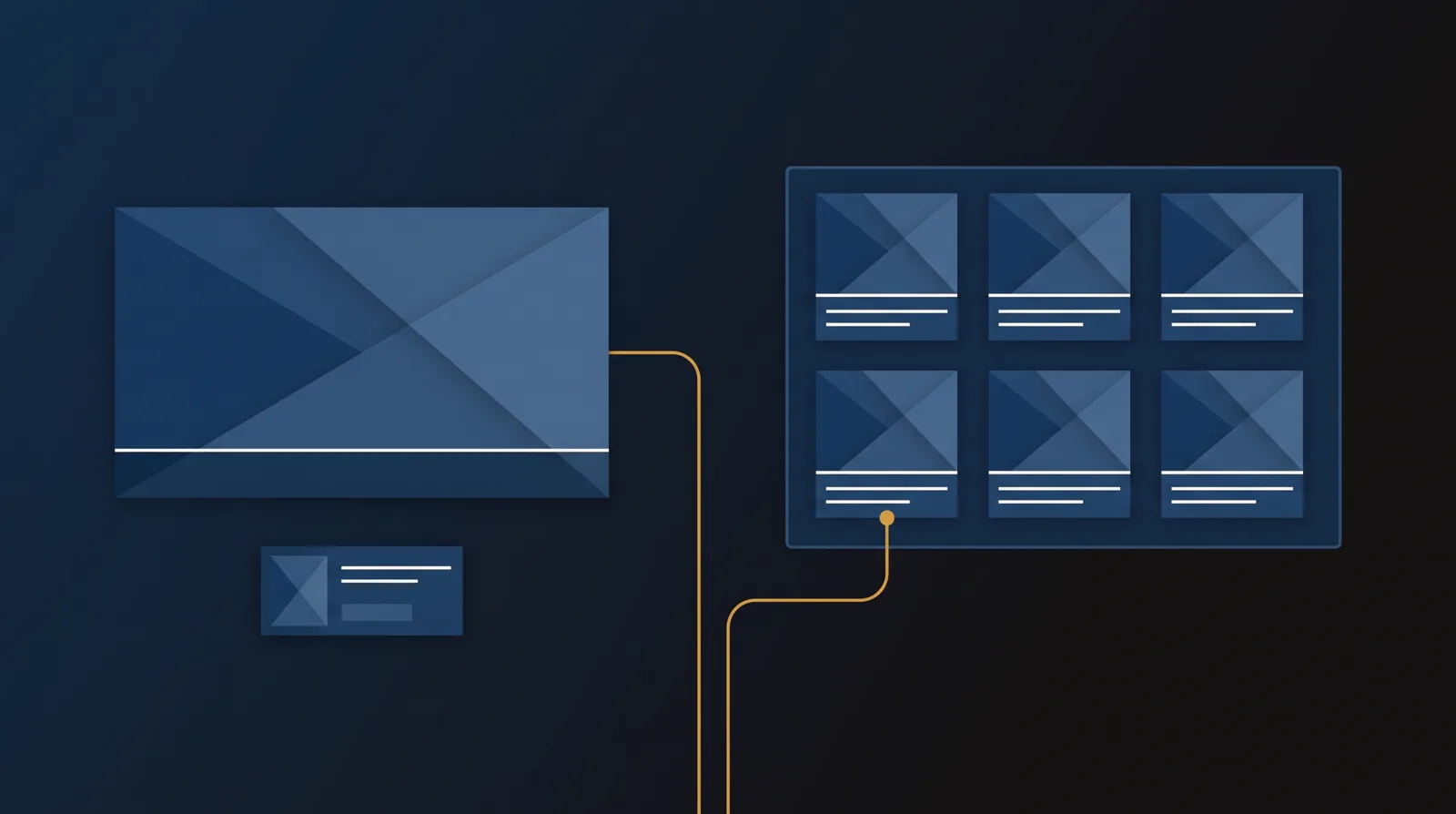 A single sales-video player facing a tiled subscription video library, with a gold path splitting between them