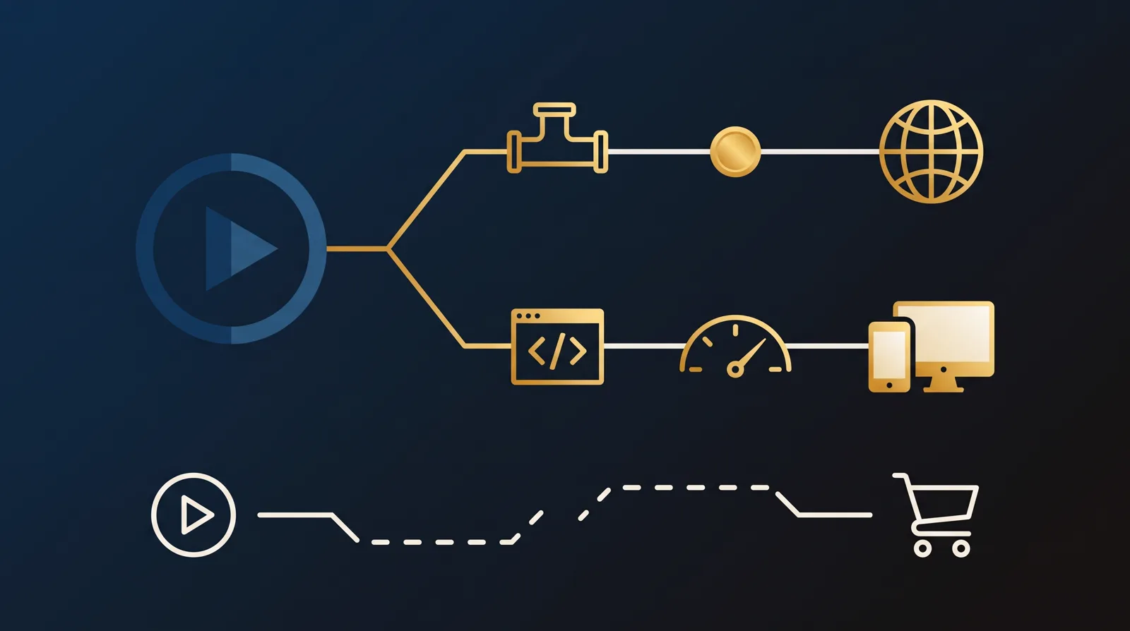 A fork from a play button: an upper branch through a minimal pipe and a coin to a globe, a lower branch through a code window and a chart to a phone and desktop, and a separate dashed broken circuit between a play circle and a cart