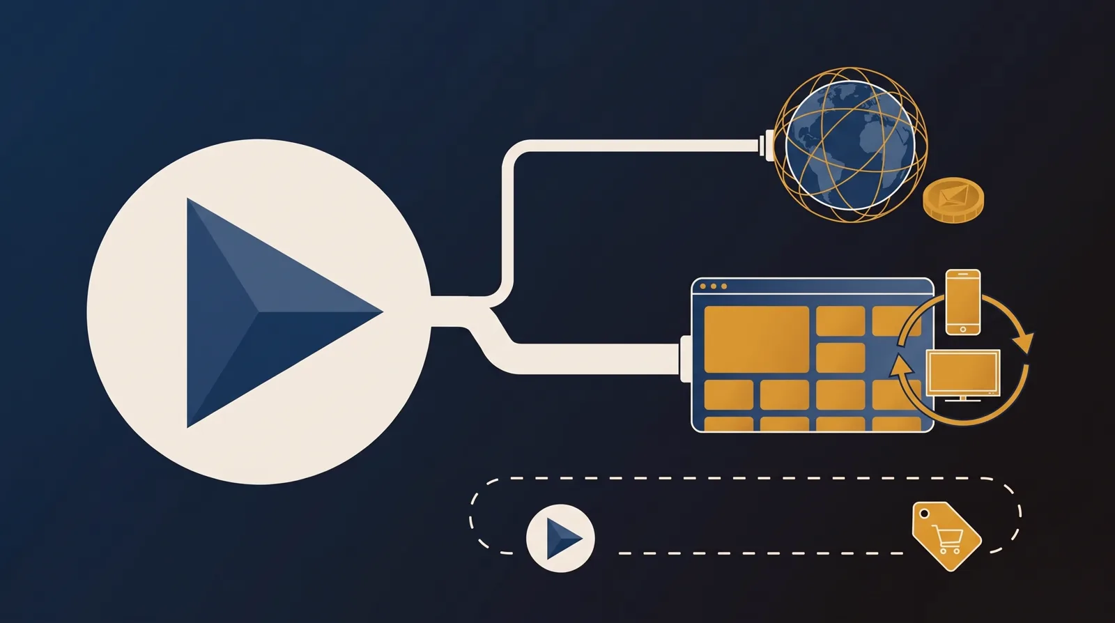 A play button splitting into two paths: a thin plain pipe to a networked globe with a coin, and a thicker pipe to an app window of catalog tiles with a phone, a TV and a recurring-subscription loop, plus a separate broken circuit between a play circle and a cart