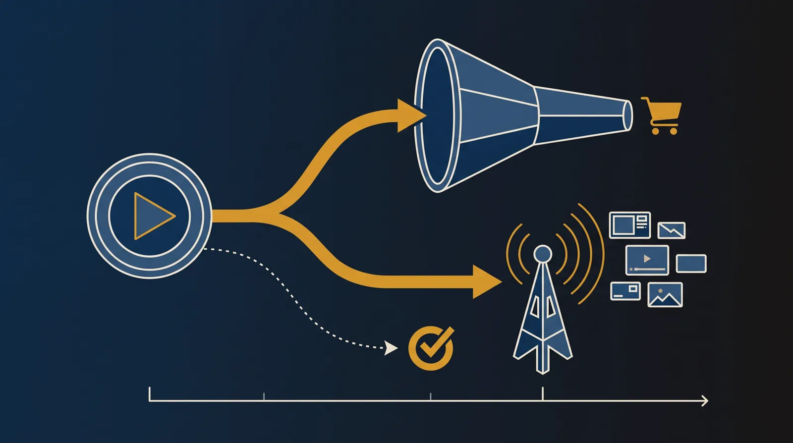 A decision fork from one video node: one path funnels down to a cart, one goes to a broadcast tower and screens, and a faint third path leads to a checkmarked target