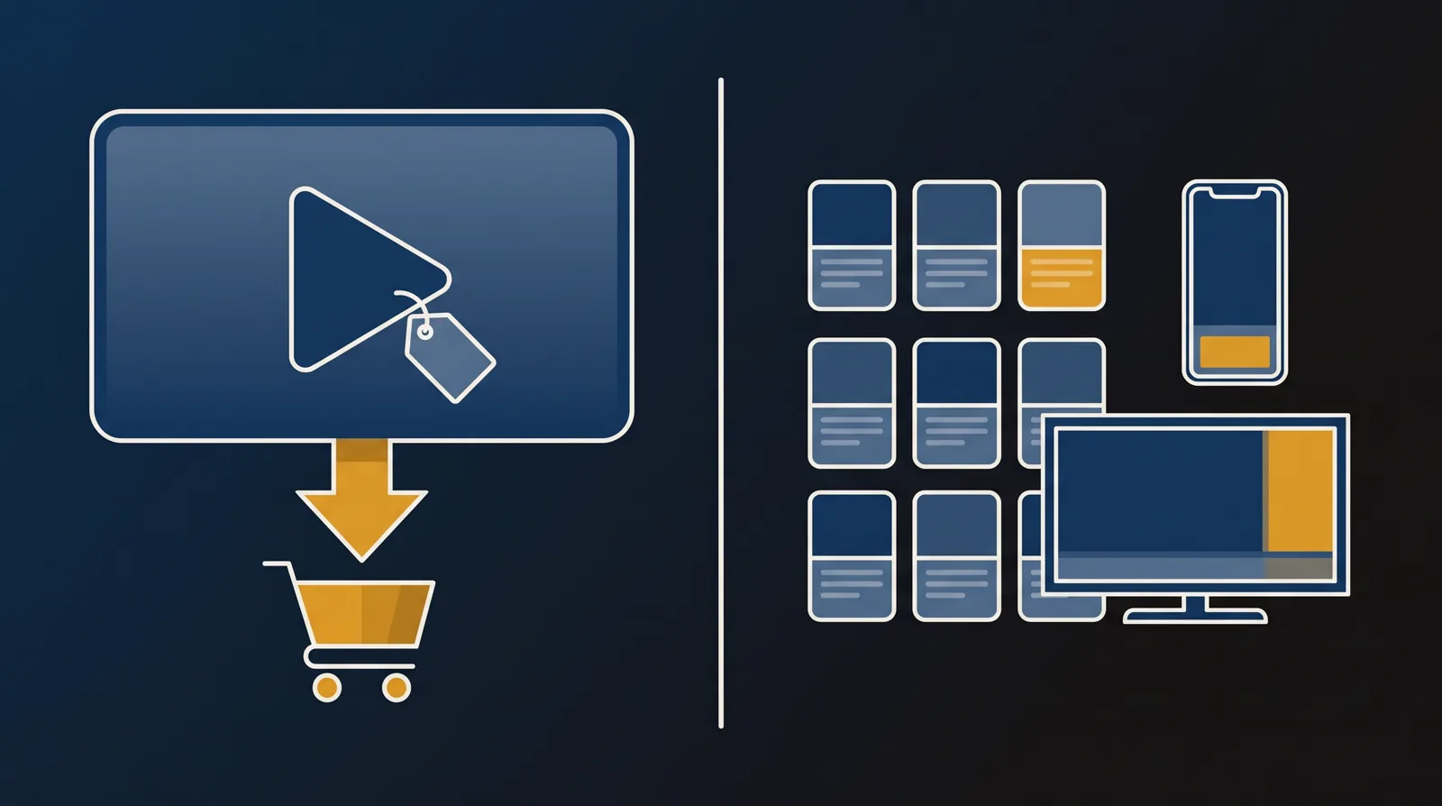 A single sales-video panel with a checkout arrow on the left, a wall of catalog thumbnails with a phone and TV on the right, split down the middle.