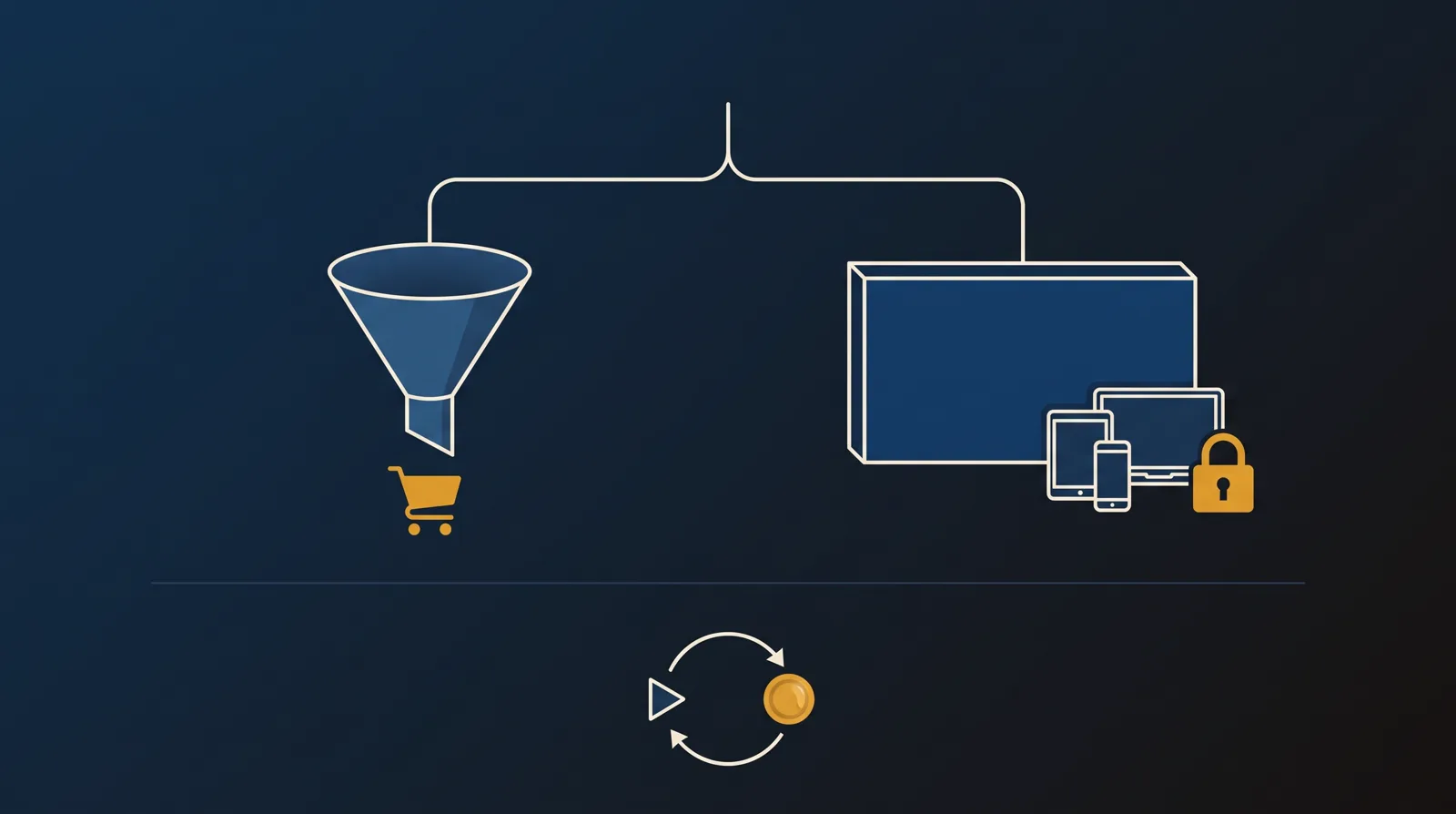 A decision fork between a sales-funnel video path ending in a cart and a broadcast path with a paywall and device apps, with a separate play-to-sale loop below