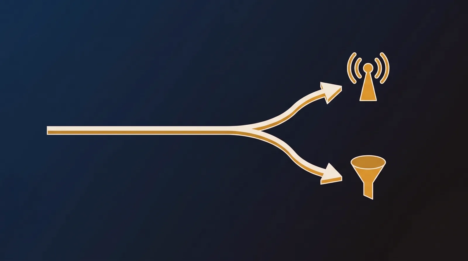A path forking into two: one arrow leads to a narrowing funnel, the other to a broadcast tower with radiating arcs.