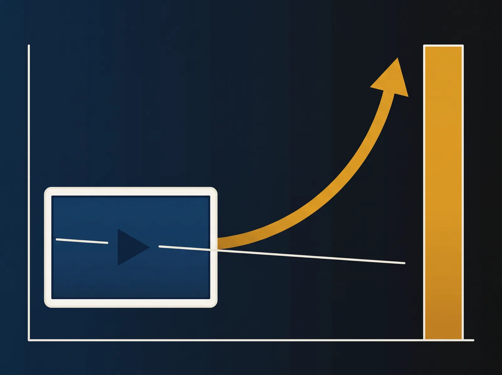 A flat video screen with a declining line, and a gold arrow rising from it to a tall gold bar