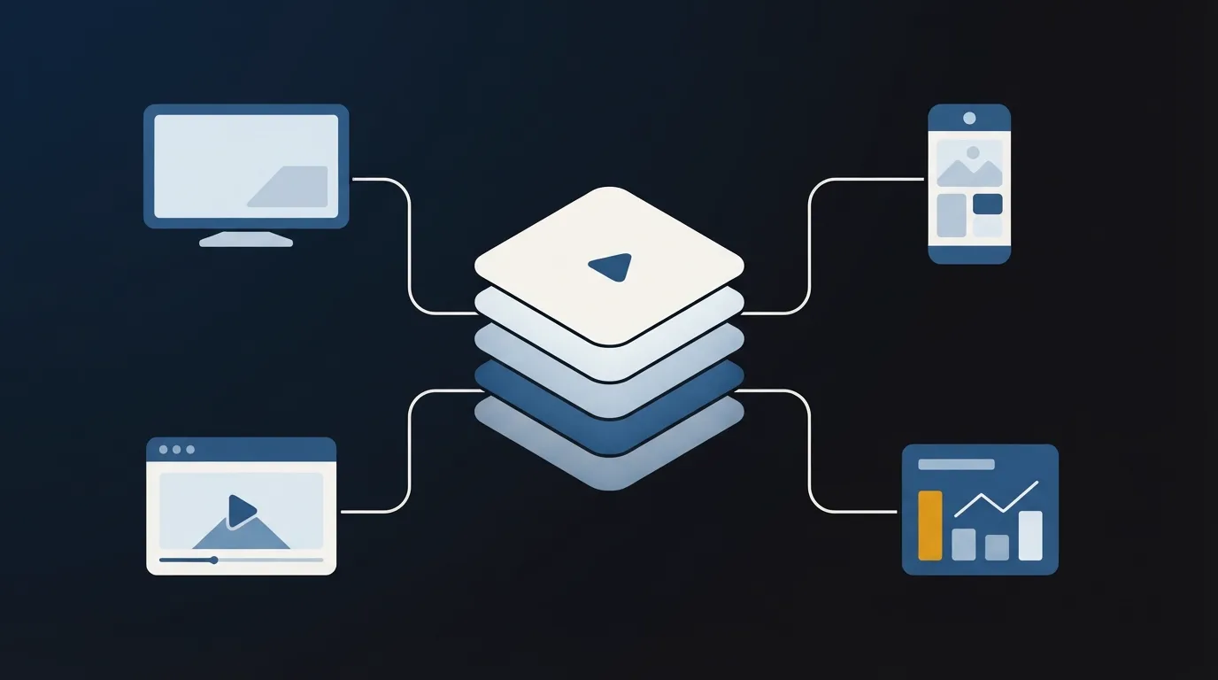 A video library branching to a television, phone, browser player and analytics panel