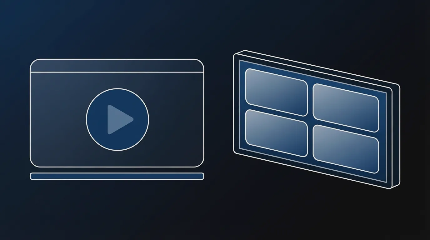 A wide browser frame with a play triangle and a thin ad bar under it, beside a living-room television showing four blank app tiles
