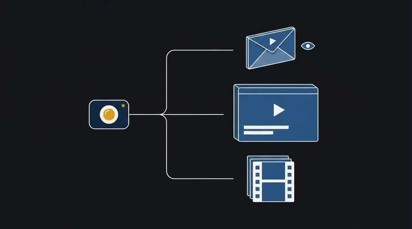 Diagram of one recording branching into three jobs: a personal video message with a view marker, a video on a web page above a short form, and a plain stack of hosted video frames