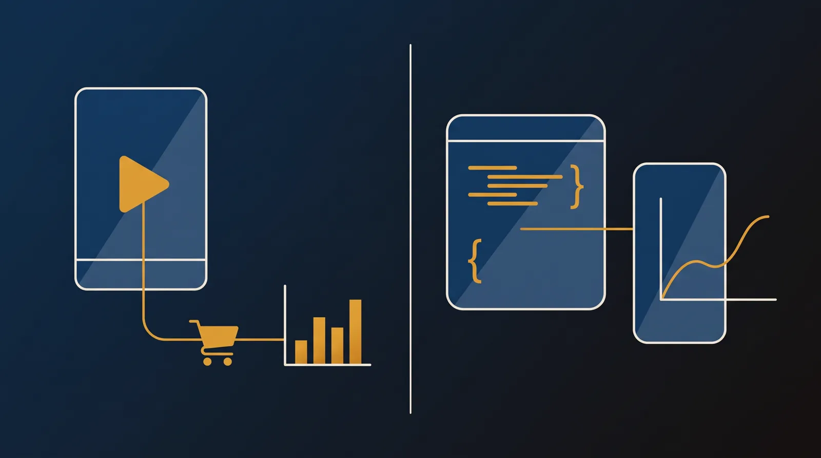 Split illustration: on the left a video player linked to a shopping cart and a bar chart, on the right a code window linked to an app window and a line graph