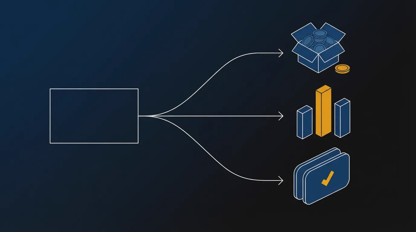 A video frame splits into three paths: a box of discs spilling past its rim, a bar chart with one taller bar, and two cards with one marked.