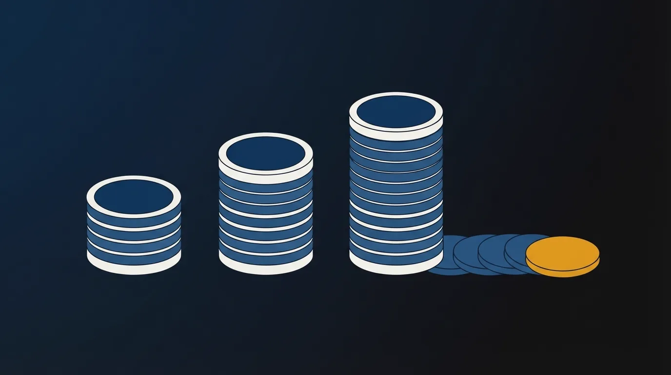 Three stacks of discs, each taller than the last, with one gold disc continuing past the tallest stack.