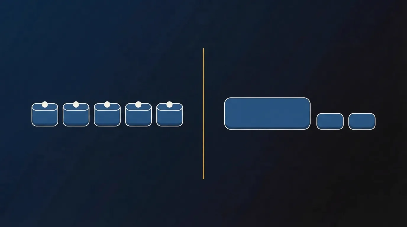 Five equal navy seat blocks in a row on the left, and one wide platform block with two smaller blocks beside it on the right, divided by a thin gold line