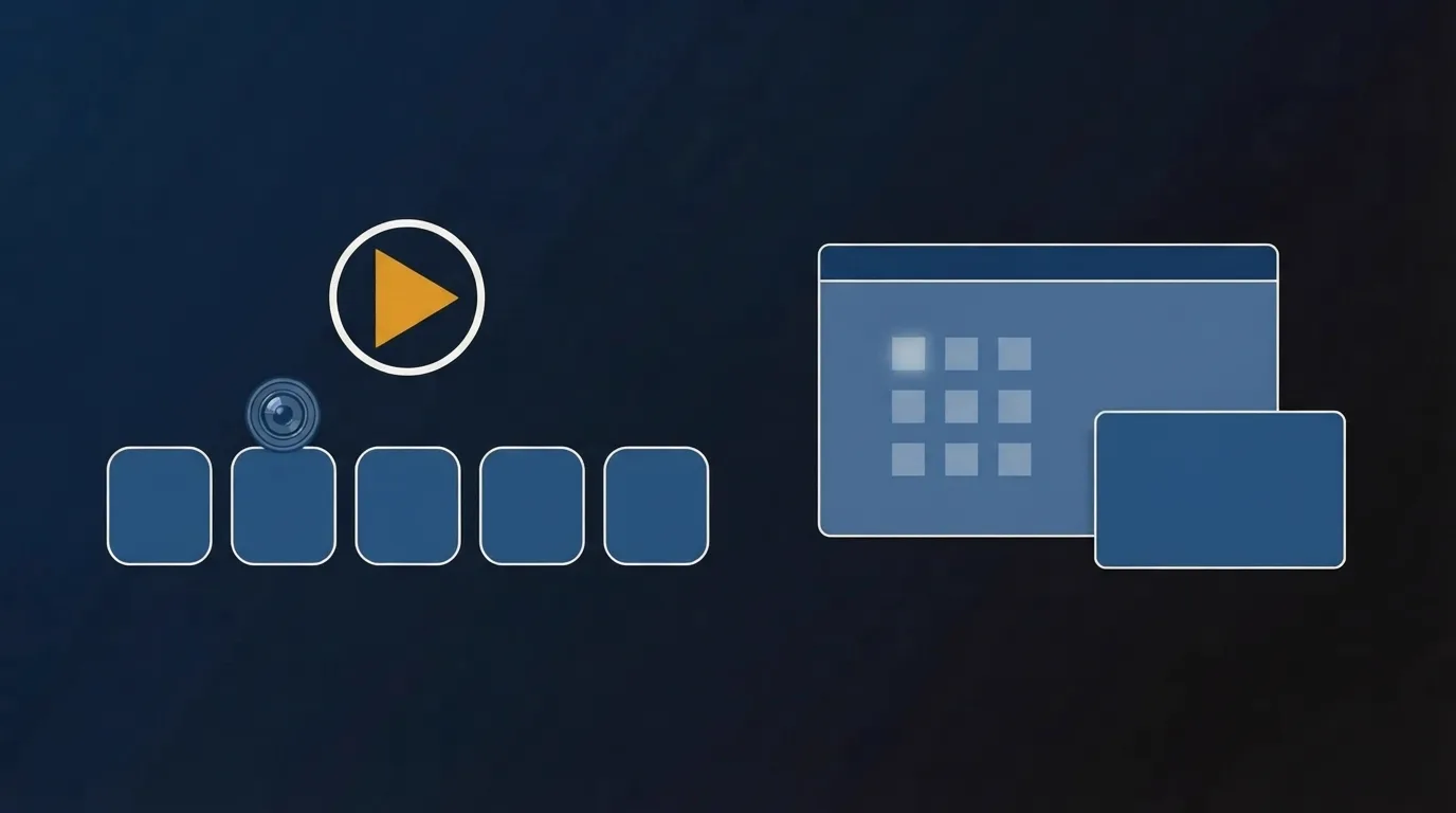 Two stacks of flat navy blocks: a row of equal seat tiles with a camera circle on the left, and one wide platform block with a form card and a heatmap grid on the right, one gold play mark