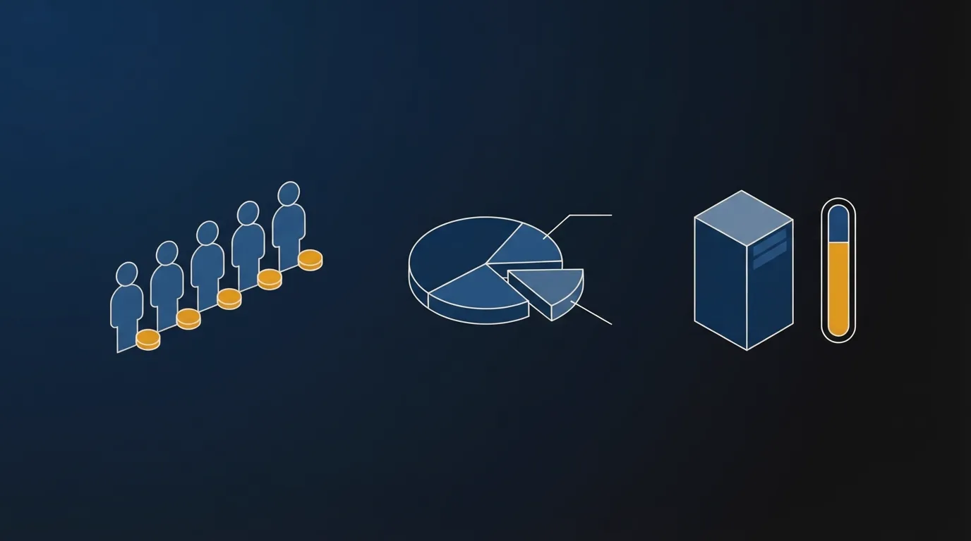 Three fee shapes for a subscription video service: a row of small coins beside person marks, a pie with one slice set apart, and a server box with a meter.