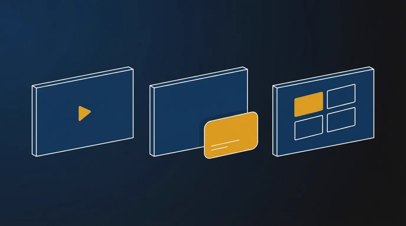 Three drawn video frames on a dark navy ground: a plain player with a gold play triangle, a wider player with a gold form card on its lower edge, and a small grid of clips with one gold tile.