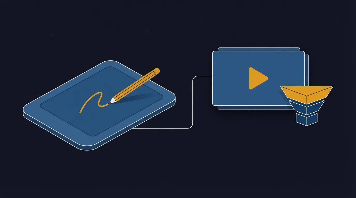 A drawing board with a gold pencil on the left and a video player frame with a small funnel shape on the right, on a dark navy ground