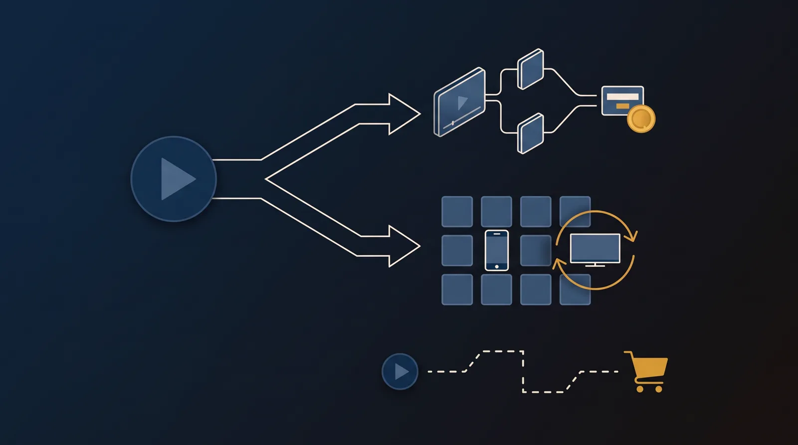 A play button splitting into two paths: one to a branching in-video funnel with a small lead-capture form card and a coin, the other to a grid of catalog tiles with a phone, a TV and a recurring-subscription loop, plus a separate dashed broken circuit between a play circle and a cart