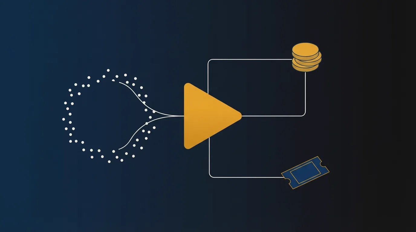 Dots funnel into a gold play triangle, with a stack of discs above the triangle and a single ticket below it.