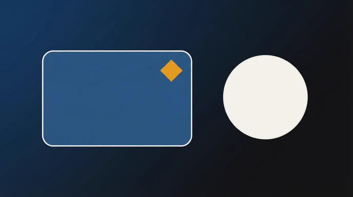 A video player frame with a small gold mark in the corner and a separate pale circle left outside the frame