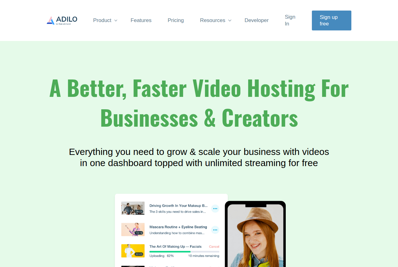 Adilo homepage headlined 'A Better, Faster Video Hosting For Businesses & Creators', with a Sign up free button and a 'Trusted by over 10,000 users' line