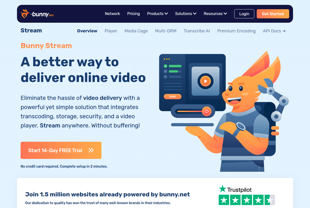 Bunny Stream homepage with the headline about a video platform and CDN, and a sign-up button