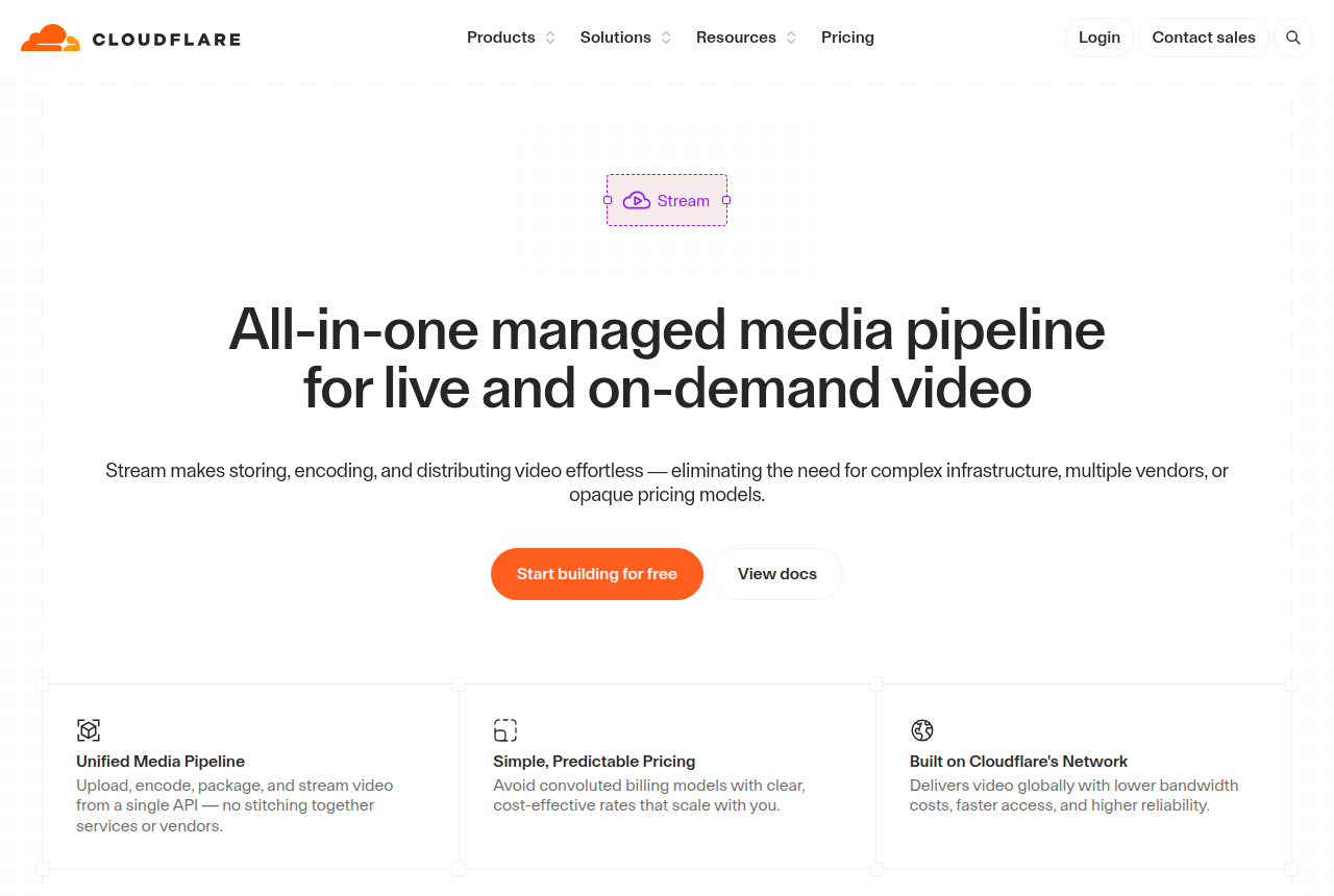 Cloudflare Stream product page with the headline "Cloudflare Stream" and a serverless live and on-demand video description