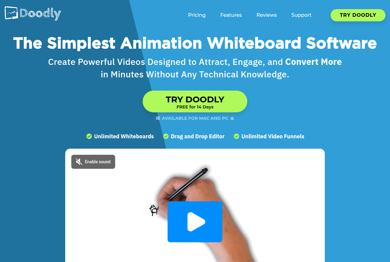 Doodly homepage with a large product heading, a Try Doodly button, and a hand drawing on a whiteboard underneath.