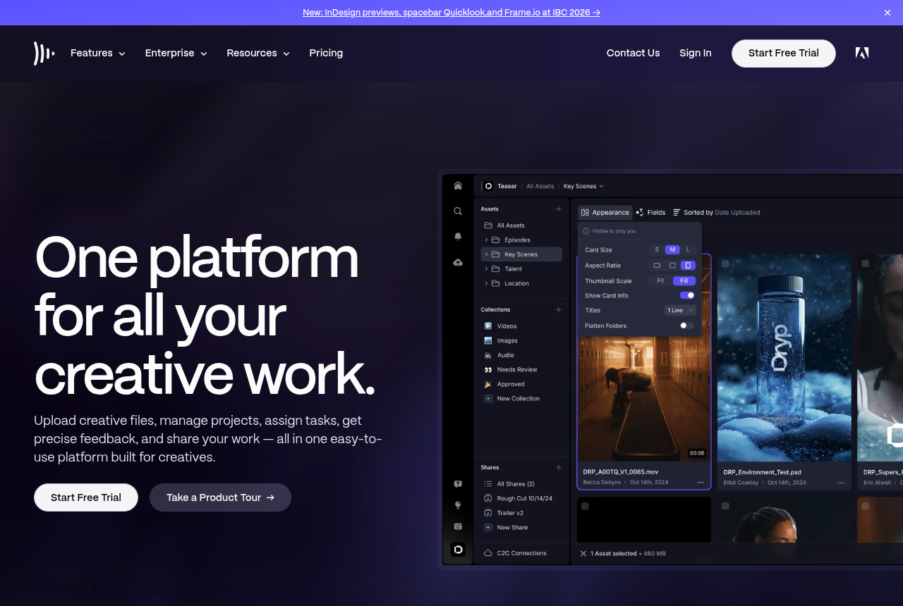 Frame.io homepage showing its video review and collaboration platform for creative teams