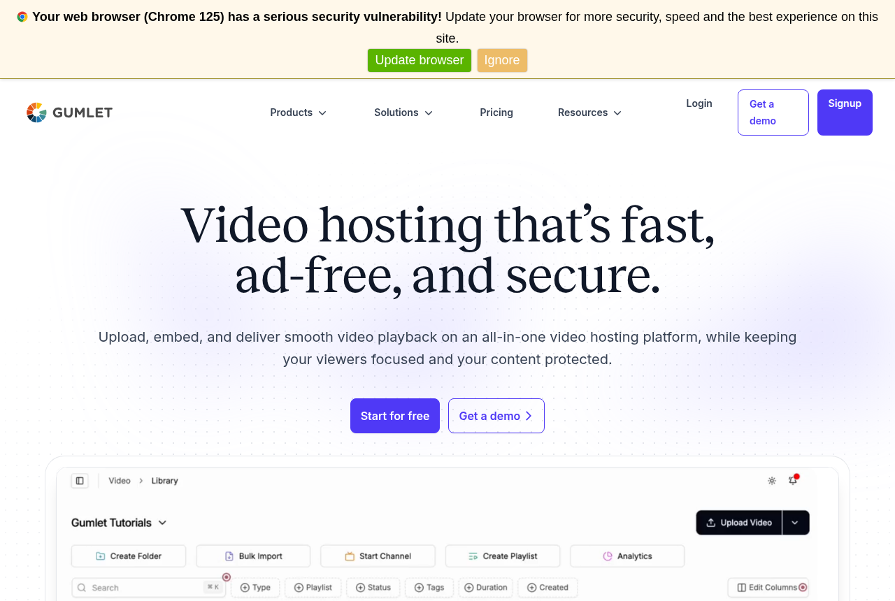 Gumlet video-hosting page headed "Video hosting that's fast, ad-free, and secure" above a screenshot of its video library dashboard with Upload Video, Create Folder and Analytics controls