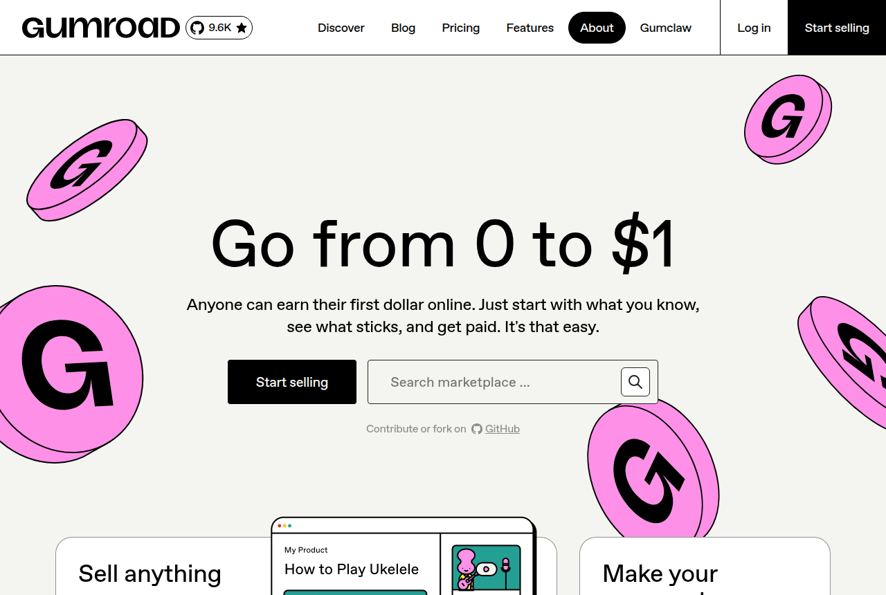 Gumroad homepage with its wordmark and navigation for creators selling digital products