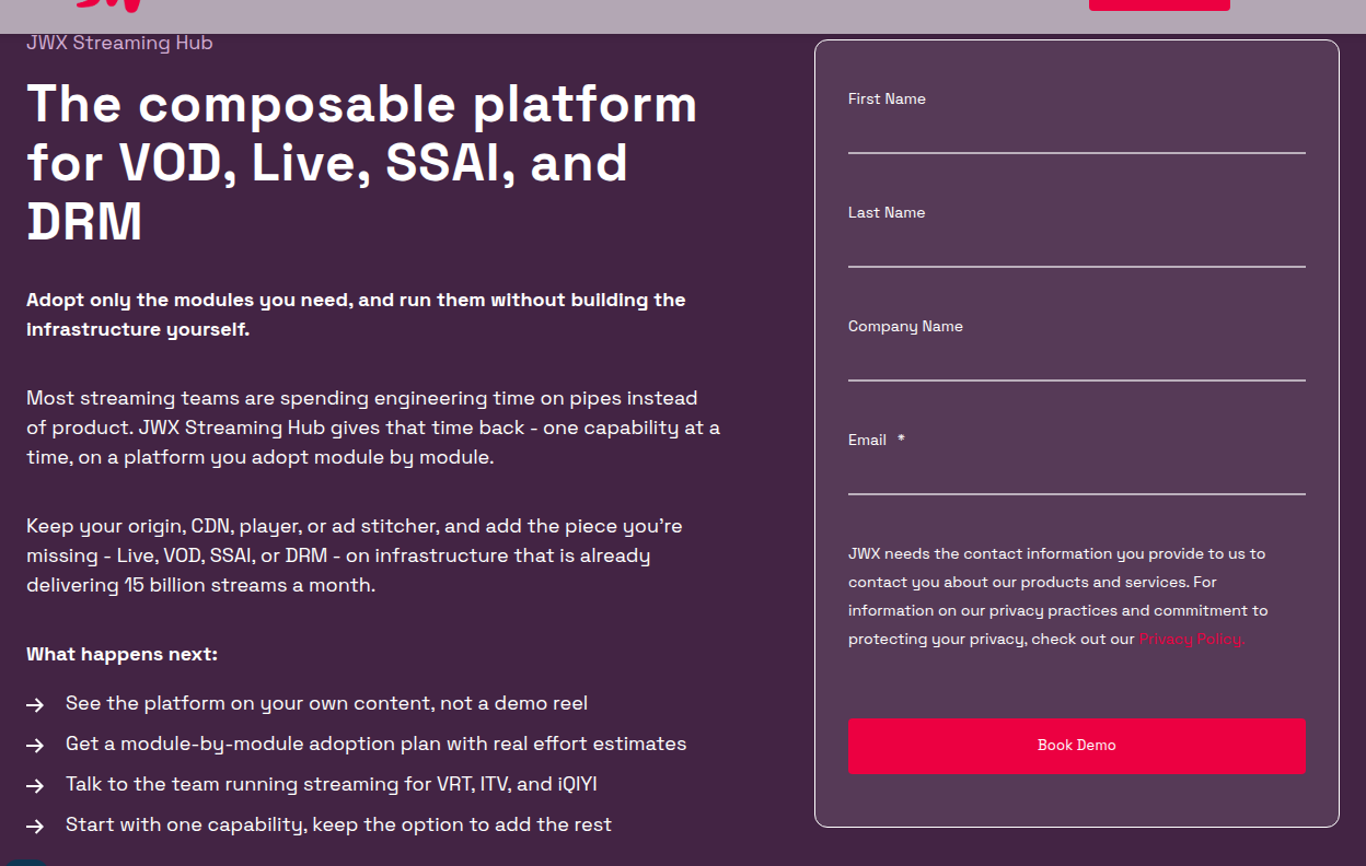 The JWX Streaming Hub page headline, a composable platform for VOD, Live, SSAI and DRM, with copy about adopting one module at a time beside a Book Demo form.