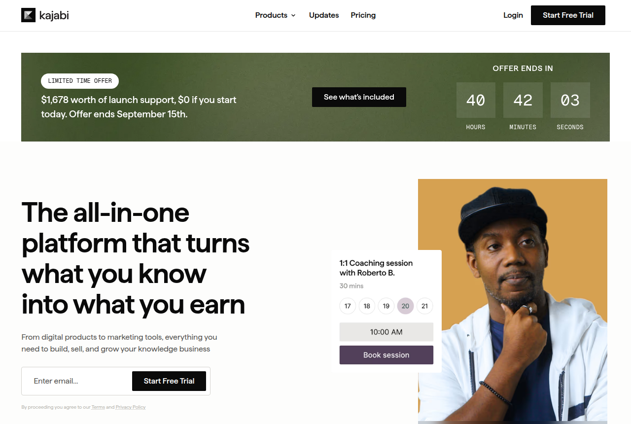 Kajabi pricing page with the headline "One platform. All your business needs." and Basic, Growth and Pro plan cards