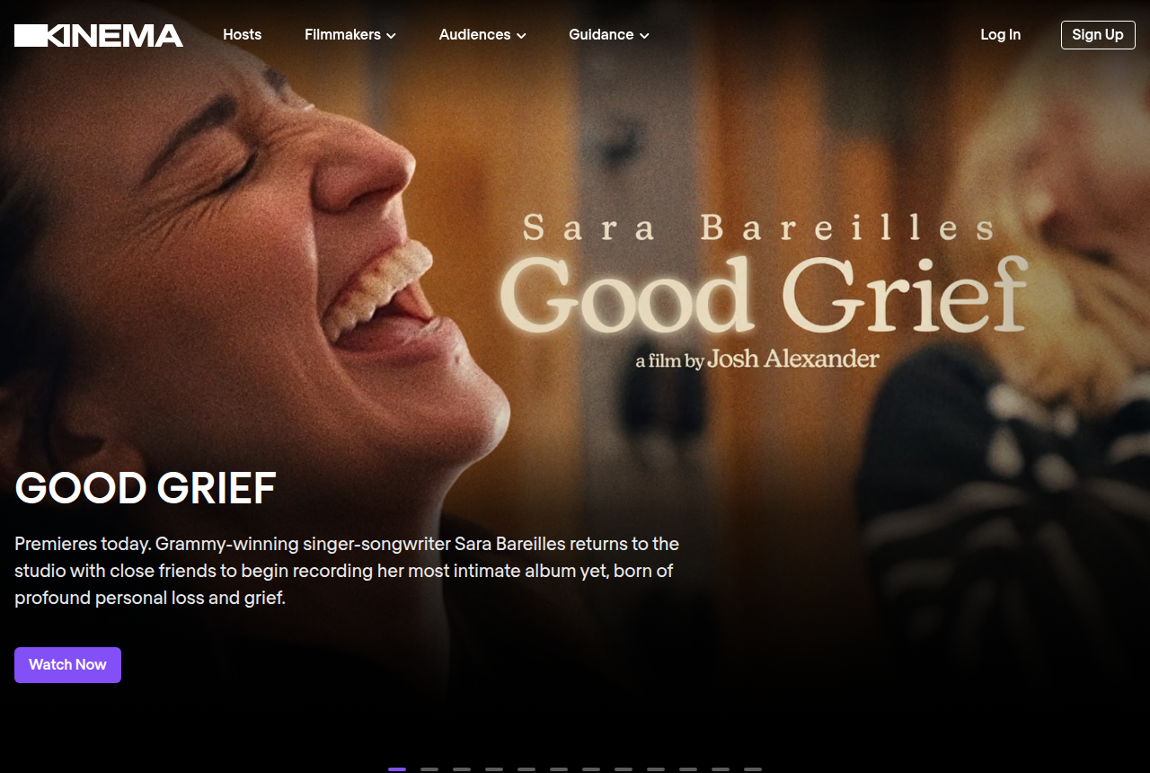 Kinema homepage presenting its platform for hosting film screenings and renting films