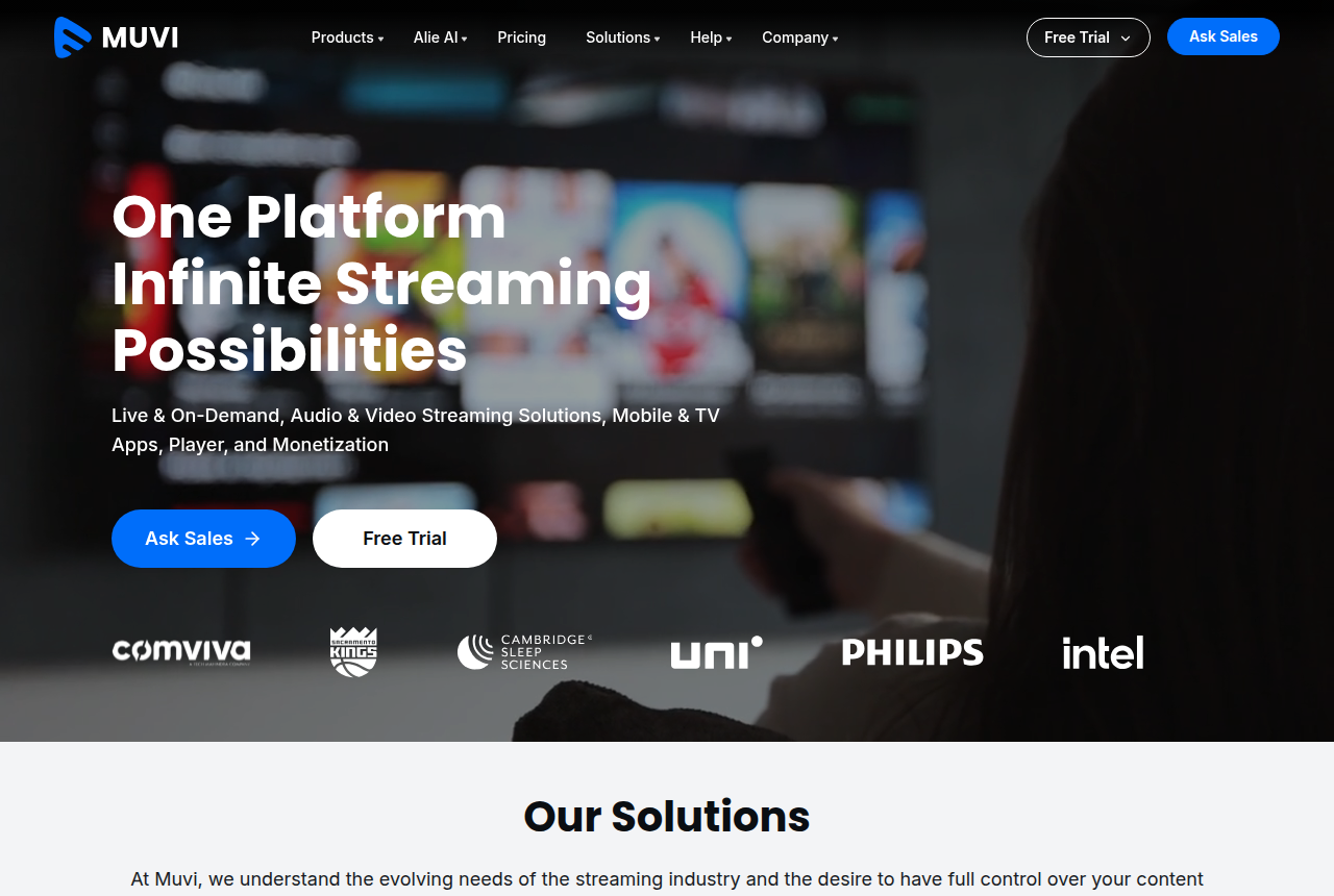Muvi homepage with the headline "One Platform, Infinite Streaming Possibilities" and Free Trial and Ask Sales buttons