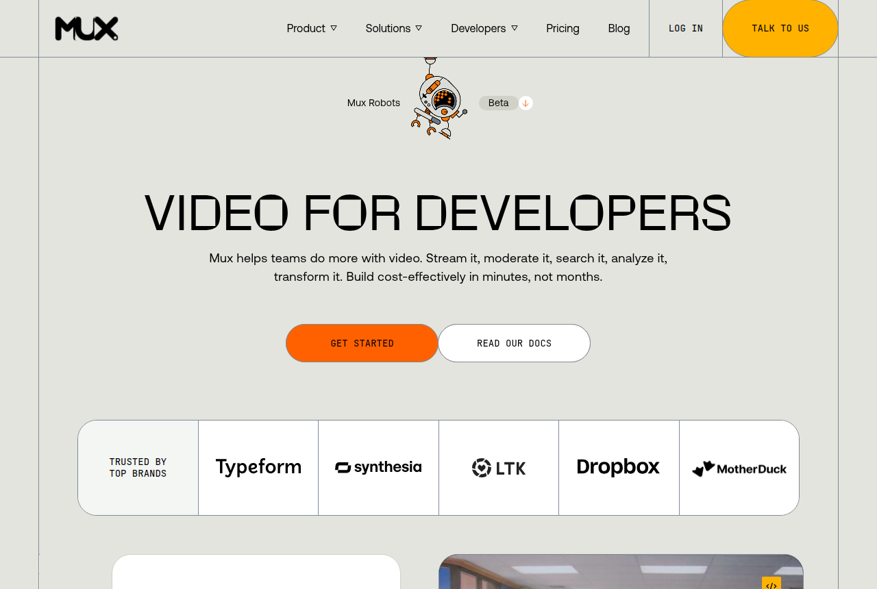 Mux homepage with the headline "Video for developers" and its video streaming API pitch
