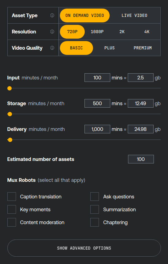 Mux's cost estimator with toggles for asset type, resolution and video quality, per-month minute sliders for input, storage and delivery, and Mux Robots AI workflow checkboxes.