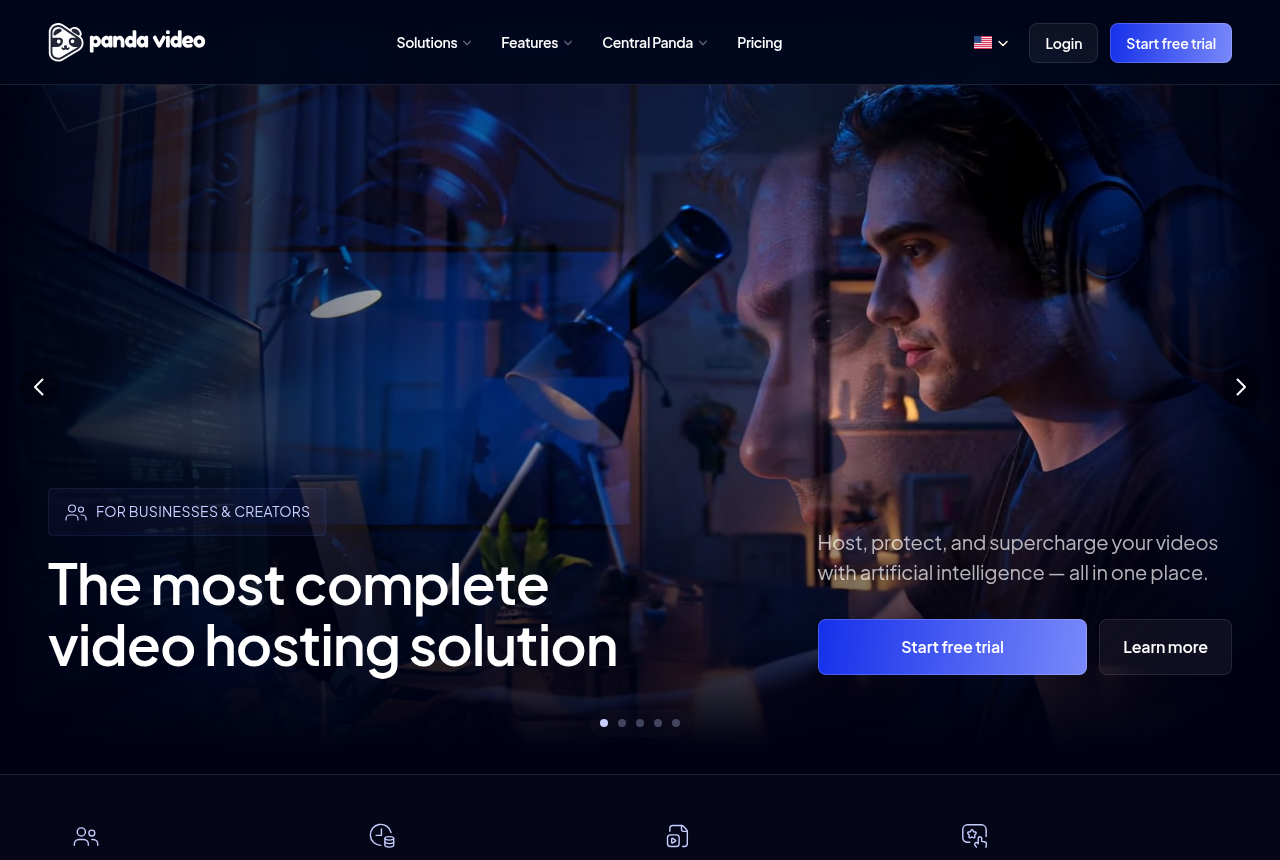 Panda Video homepage headed "The most complete video hosting solution" with a Start free trial button