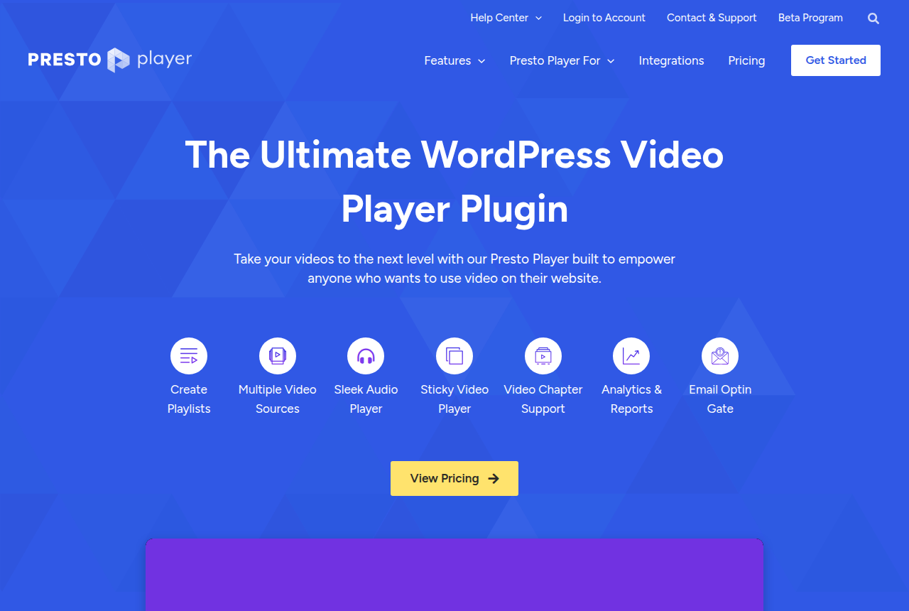 Presto Player homepage headed "The Ultimate WordPress Video Player Plugin" with a View Pricing button and a strip of feature labels