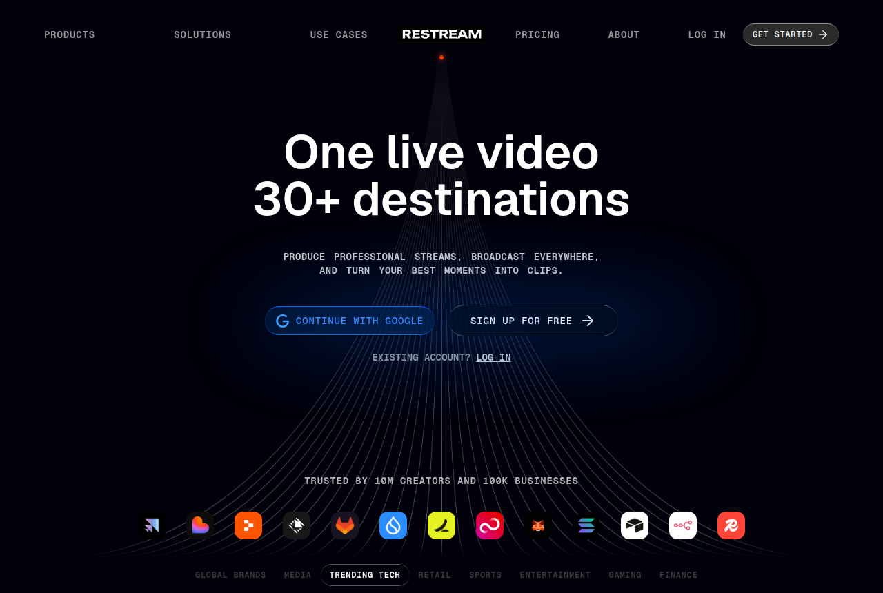 Restream homepage with the headline "One live video, 30+ destinations" and Sign up for free button