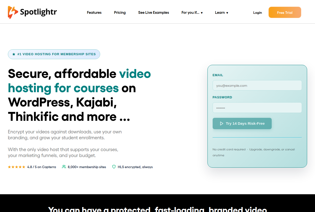 Spotlightr homepage headed "Secure, affordable video hosting for courses on WordPress, Kajabi, Thinkific and more" with a Try 14 Days Risk-Free email sign-up form and a 4.8 / 5 on Capterra, 8,000+ membership sites, HLS encrypted trust bar