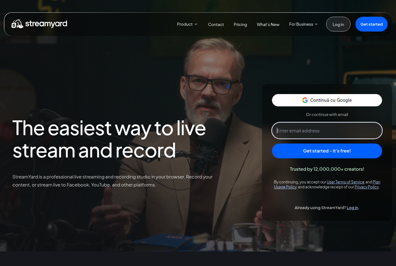 StreamYard homepage with the headline "The easiest way to live stream and record" over a photo of a host at a microphone