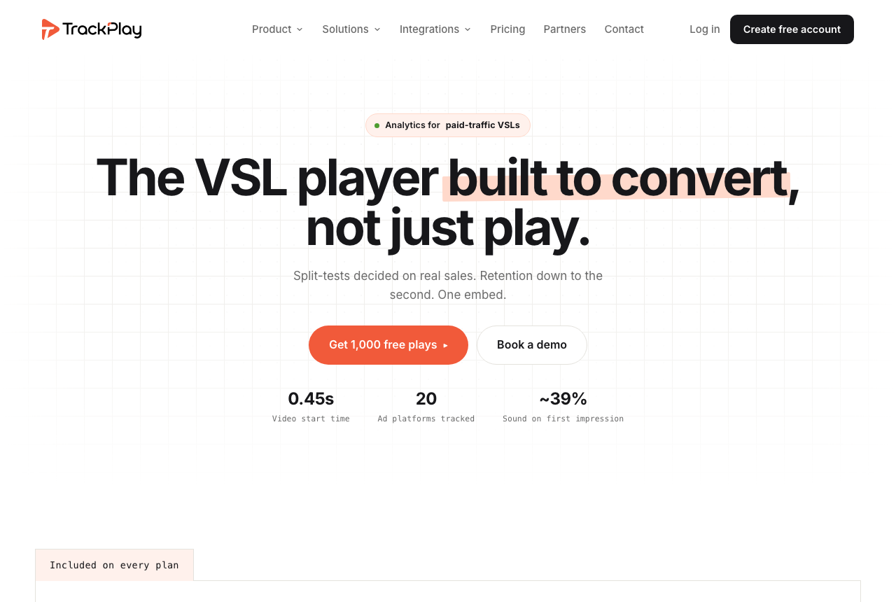 TrackPlay homepage, headline "The VSL player built to convert, not just play", with an "Analytics for paid-traffic VSLs" label and stats for video start time, ad platforms tracked and sound on first impression