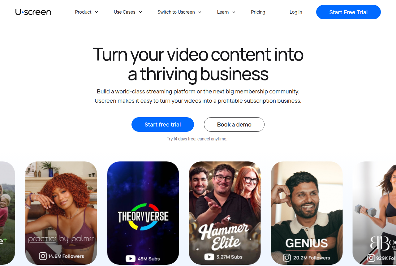 Uscreen homepage with the headline "Turn your video content into a thriving business" and a "Start free trial" button