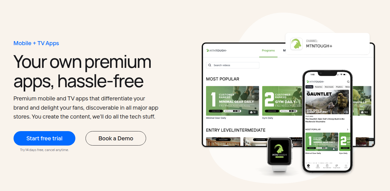 Uscreen's app-builder page headed "Your own premium apps, hassle-free", showing a membership catalog rendered on a desktop screen, a phone and a smartwatch for the brand MTNTOUGH+.