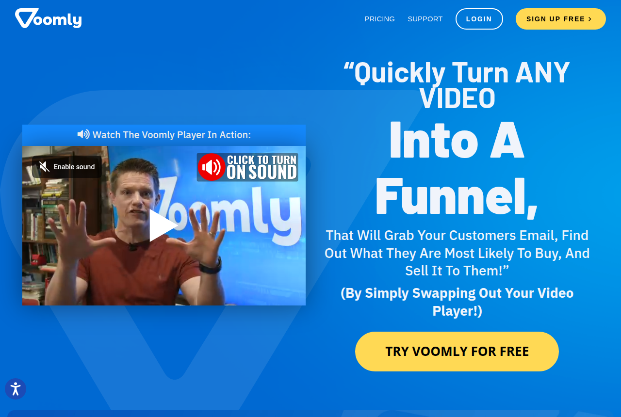 Voomly homepage headed "Create, Host, And Launch High-Converting Videos" with a Try Voomly For Free button