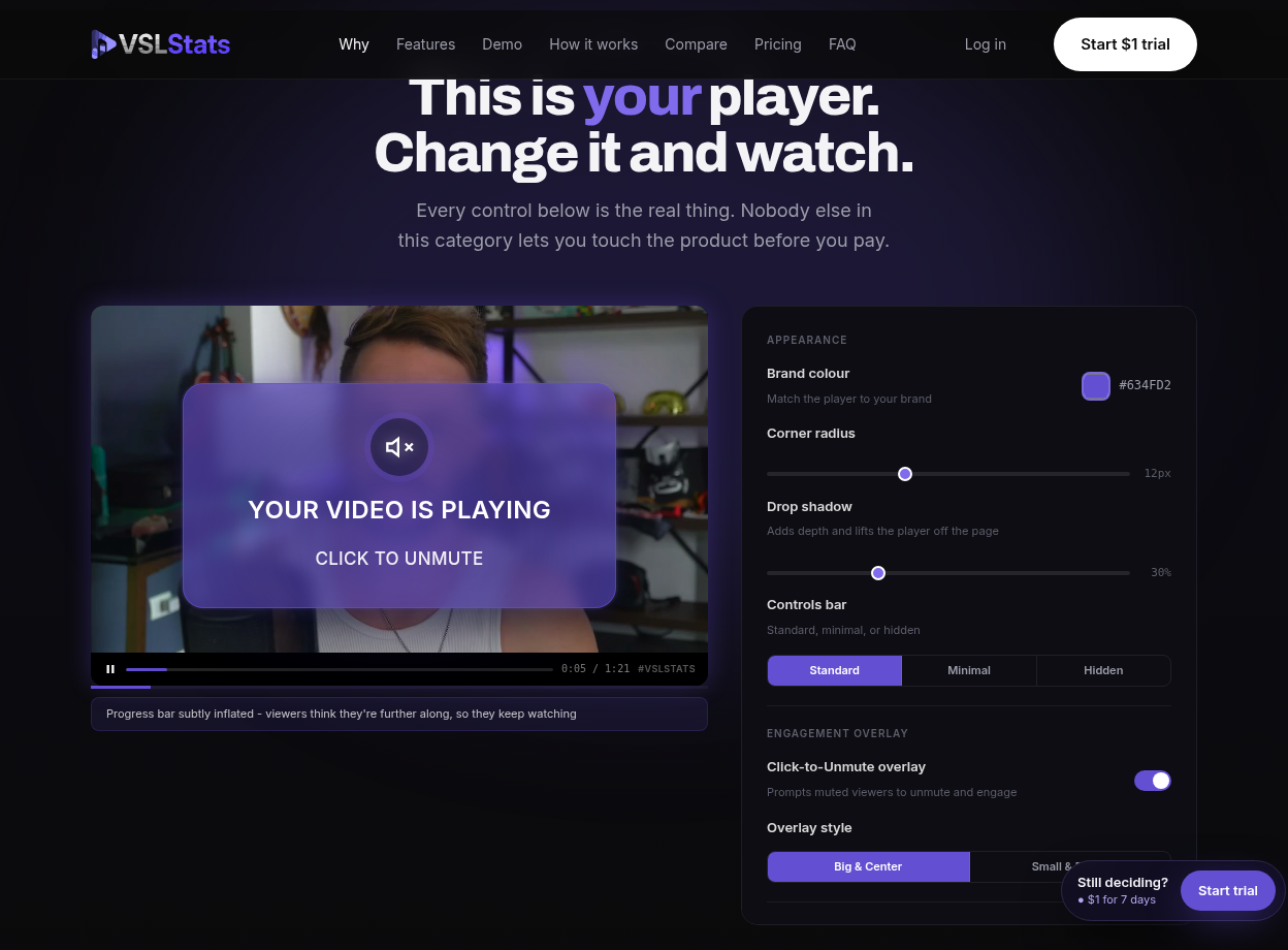 A live VSLStats player beside an appearance panel with brand colour, corner radius, drop shadow, controls-bar and engagement-overlay controls, and a caption under the player reading "Progress bar subtly inflated - viewers think they're further along, so they keep watching."