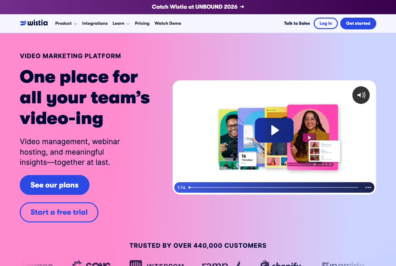 Wistia homepage showing its business video hosting and marketing platform